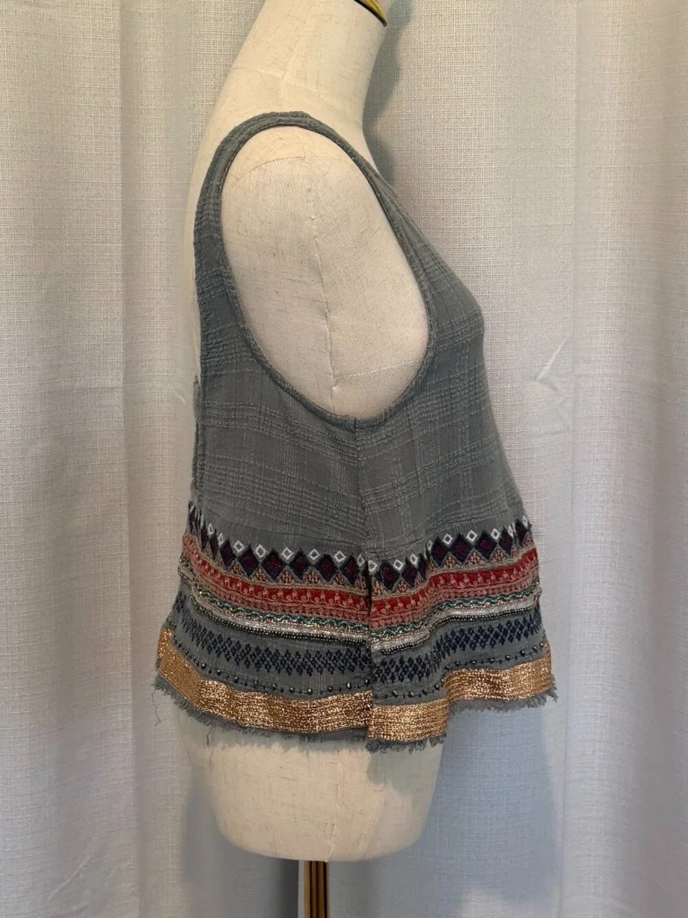Ecote Boho Embellished Cotton Tank - Green & Gold Festival Top S - Picture 2 of 10